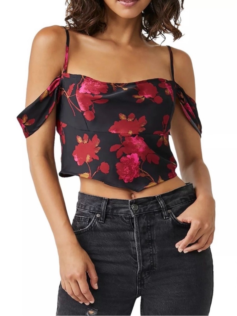 Free People Cassandra Floral Print Off the Shoulder Cropped Blouse M